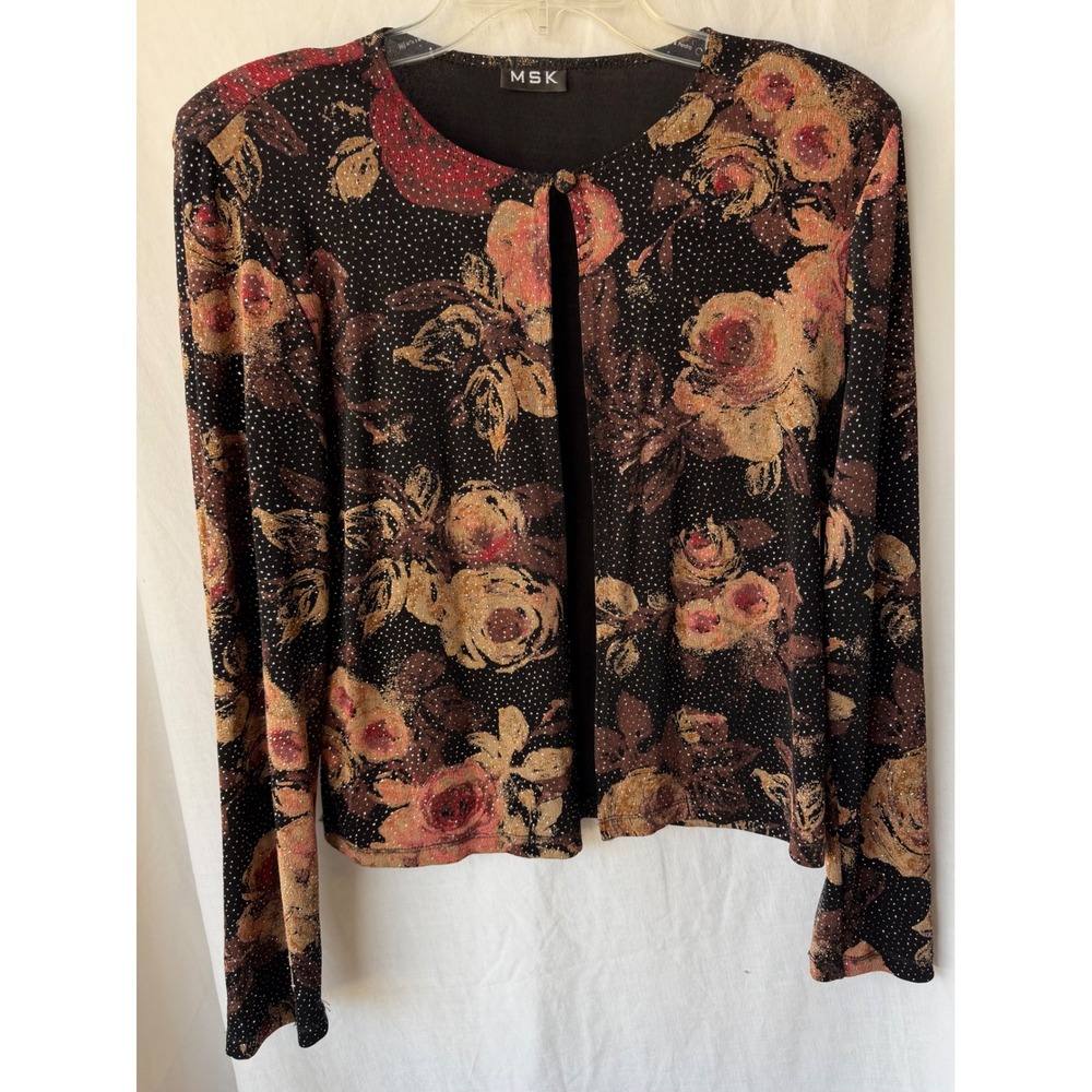 Vintage MSK Open Front Grandma Cardigan Black Floral Glitter Metallic Medium